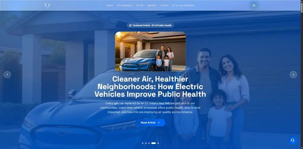 Homepage of Electrifying the US, a national electric-vehicle and clean-energy platform